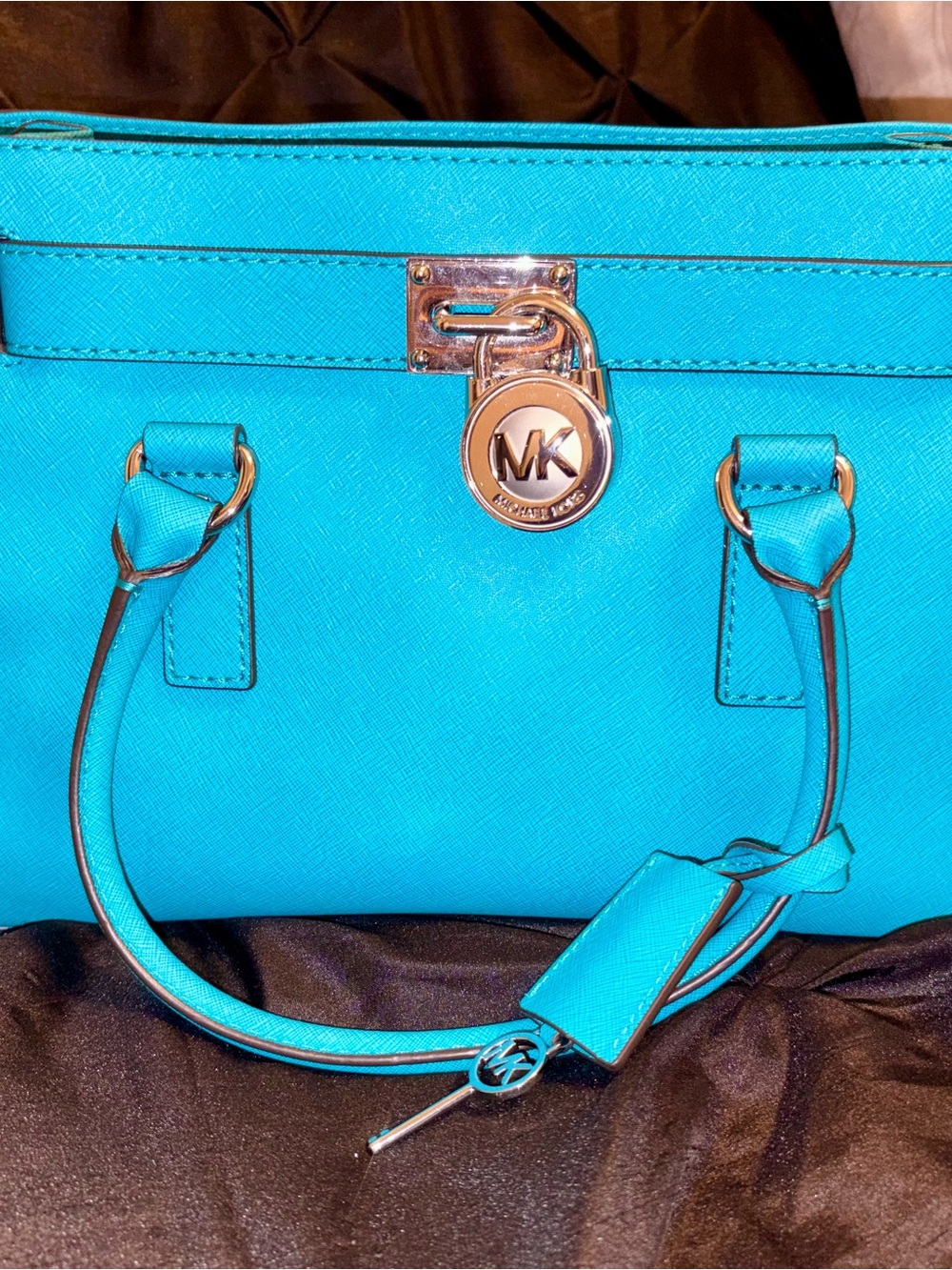 Michael Kors Turquoise Saffiano Leather Satchel with Silver Hardware